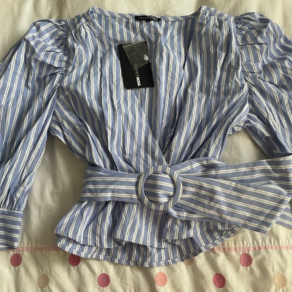 Fashion Nova Light Blue and White Striped Blouse